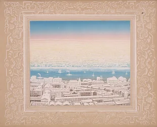 Flygfoto över London med dekorativ kant, c1845