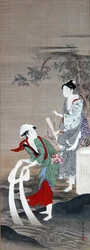 Två skönheter vid Crystal River i Mishima (bläck, gofun och färg på siden)