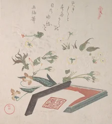 Körsbärsblommor och sigilllåda med bläck och linjal, 1800-talet.