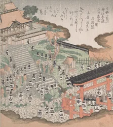Folkmassa som tittar på festivalen Dans på framsidan av Futaara Shrine, 1800-talet.