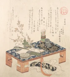 ”Skrivbord med skrivset och plommonblommor,..., troligen 1814 Hundens år.