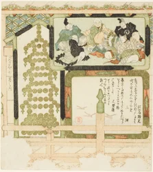 Nr 7: Votivmålningar av sex odödliga poeter, flygande gäss och en pagod gjord av mynt, från serien "Sju bilder för Hisakataya (Hisakataya shichiban no uchi)"