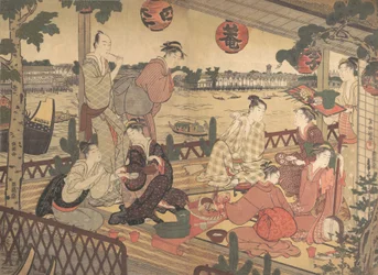 Två unga män och flera kvinnor som äter i ett tehus på stranden av floden Sumida, ca. 1788.