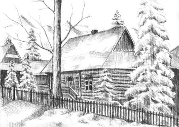 En snöig vinterstuga