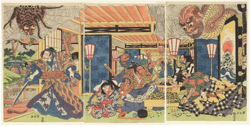 Minamoto no Yorimitsu och hans följeslagare besegrar jordspindeln, ca 1804-1818 (träsnitt (nishiki-e); bläck och färg på papper)