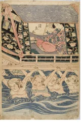 Vårscen med unga kvinnor på resa, ca 1786-1864 (träblocktryck på papper)
