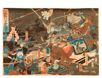 Det stora slaget vid Kawanakajima mellan två generaler, ca 1859-71 (träblock på papper)