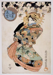 Courtesan Hanamurasaki från Tamaya tehus, ca 1830, Ukiyo-e konsttryck av Utagawa Kunitomi (aktiv 1810-1830), Oban-tate-e träsnitt, 38,2x26,5 cm, japansk civilisation