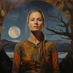 35-årig samekvinna med halvmåne, mystiskt leende, ansikte och kropp lätt bortvänd, långt blont hår 3