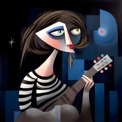 3D kvinnastrubadur med sin gitarr i nattmånens ljus 4