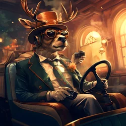 Ett rådjur med en cigarr i munnen kör en cabriolet bil 3