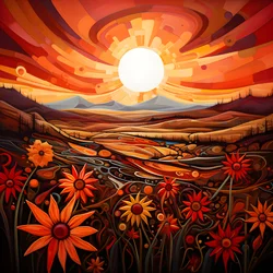Abstrakt landskapskonst som presenterar ett fält av vilda blommor och en djärv röd sol. 4