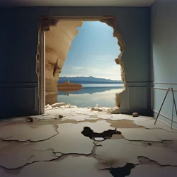 En bild av ett oanvänt rum med massiv sjö och öken i ett stort hål futurecore, högkontrast chiaroscuro varma toner 2