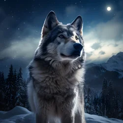 En majestätisk grå varg står på en snötäckt bergstopp 2