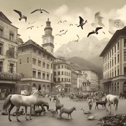 Innsbruck i ett gammalt fotografi med eleganta zebror, måsar, apor och lerfigurer. 1