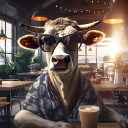 Ko med solglasögon och tittar på kallt kaffe 3