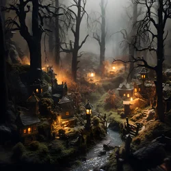 Miniatyr tilt-shift Halloween-skog med dimmiga träd och en kuslig atmosfär 2