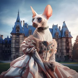 Sphynx-katt i balklänning mot bakgrund av ett magnifikt medeltida palats 3