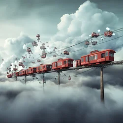 ett snabbt rörligt tåg för sociala medier som flyger genom molnen hängande i en tråd 4