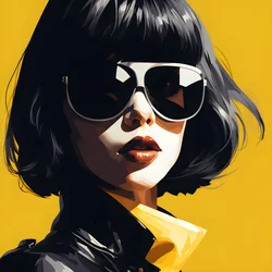 en illustration av en tjej som bär gula solglasögon med hår i ansiktet och med öron, i stil med film noir estetik 3