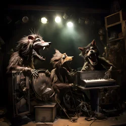 läskig, hårig, trasig djuranimatronik som framför musik på en scen 3