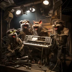 läskig, hårig, trasig djuranimatronik som framför musik på en scen 4