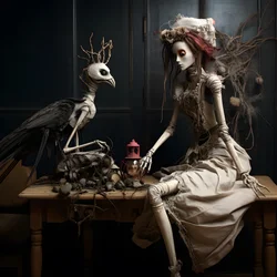 en stor docka på ett bord med ett skelett på 3