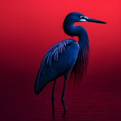 synthwave digital konstverk av en exotisk koboltblå häger på rött papper 3