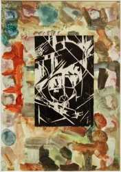 Utan titel (collage med träsnitt på abstrakt målning)