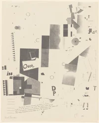 Utan titel, nr 6 av 6 ur portföljen Merz 3. Kurt Schwitters 6 litografier. Merz mapp. Första portföljen av Merz förlag (Merz 3. Kurt Schwitters 6 lithos. Merz Portfolio. Första portföljen av Merz Publisher)