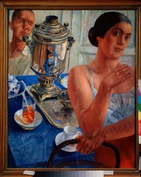 Runt samovaren. (Scen i det dagliga livet, ett par dricker te). Målning av Kuzma Sergeyevich Petrov Vodkin (Petrov-Vodkin) (Kouzma Petrov Vodkin) (Petrov-Vodkin) (1878-1939), olja på duk