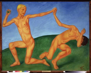 Garcons jouant. (tristess och homosexualitet). Peinture de Kuzma Sergeyevich Petrov Vodkin (Petrov-Vodkin) (Kouzma Petrov Vodkine) (Petrov-Vodkine) (1878-1939), huile sur toile