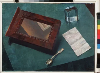 Stilleben med spegel. (stilleben med en spegel). Målning av Kuzma Sergeyevich Petrov Vodkin (Petrov-Vodkin) (Kouzma Petrov Vodkin) (Petrov-Vodkin) (1878-1939), olja på duk