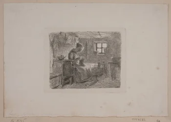 Bondgård med en stickande fru