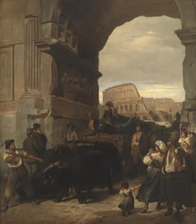 Romerska arbetare som transporterar en antik kejserlig staty från Colosseum genom Titusbågen till Capitoline-museerna