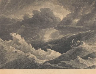 Efter en skiss från 1804 under en storm mellan Madagaskar och Godahoppsudden, i vilken Indiaman-fartyget "Prince of Wales" gick helt förlorat, ca 1804 (etsning)
