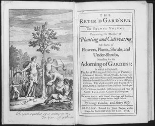 Frontispice till The Retird Gardener av George London och Henry Wise, graverad av Van der Gucht, 1706 (bw-foto)