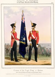 Dräkt för Royal Navy  Marines. Kungliga marinkåren (subalterner) 2d. Lt, ca 1832 (färglitografi)