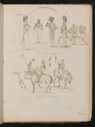 Studier av soldater inskrivna "Imperial Guards", soldater med flaggor på hästryggen inskrivna "French Lancers"