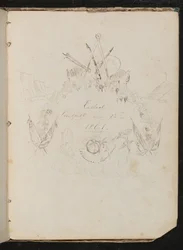 Studie av konstnärers material, fjäril, blommor, flaggor, klippvägg och krans i vapenformation kring inskriptionen "Slutade den 12 augusti 1861"
