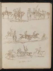 Tre studier av soldater på hästryggen inskrivna "Garibaldian Cavalry"