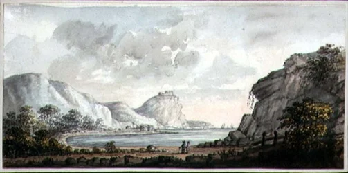 Landskap med två figurer med utsikt över en vik, ca 1825 (akvarell på papper)