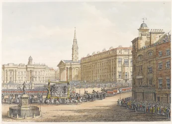 Begravningsbilen och processionen vid hertigen av Wellingtons statliga begravning passerar Mansion House 18 november 1852