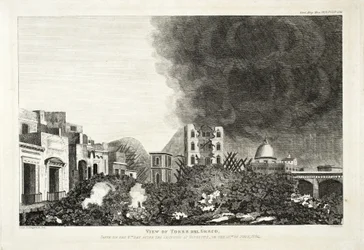 Utsikt över Torro del Greco: Taget på den 8:e dagen efter Vesuvius utbrott, 15 juni 1794, 1822 (gravyr och etsning)