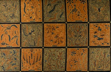 Batik med traditionellt rutigt mönster, Surakarta, Java, Indonesien, detaljer