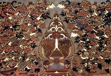 Målning i Wayang Beber-stil inspirerad av skuggteatern Wayang Kulit, Mangkunegaranpalatset, Surakarta, Java, Indonesien