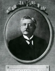 Porträtt av Temistocle Calzecchi Onesti (1853-1922), italiensk fysiker och uppfinnare, etsning efter fotografi