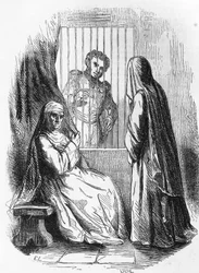 Illustration för hertiginnan av Langeais, roman av Honore de Balzac (1799-1850) från samlingen i flera volymer med titeln Human Comedy, gravyr av Laisne