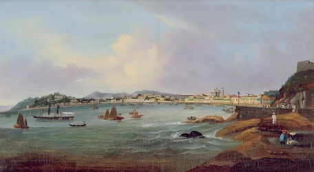 Hamnen i Macao, Kina, ca 1855 (olja på duk)