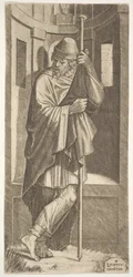 St. James Major lutad på en stång framför en nisch, hans vänstra ben korsade över hans högra, från..., 1545.